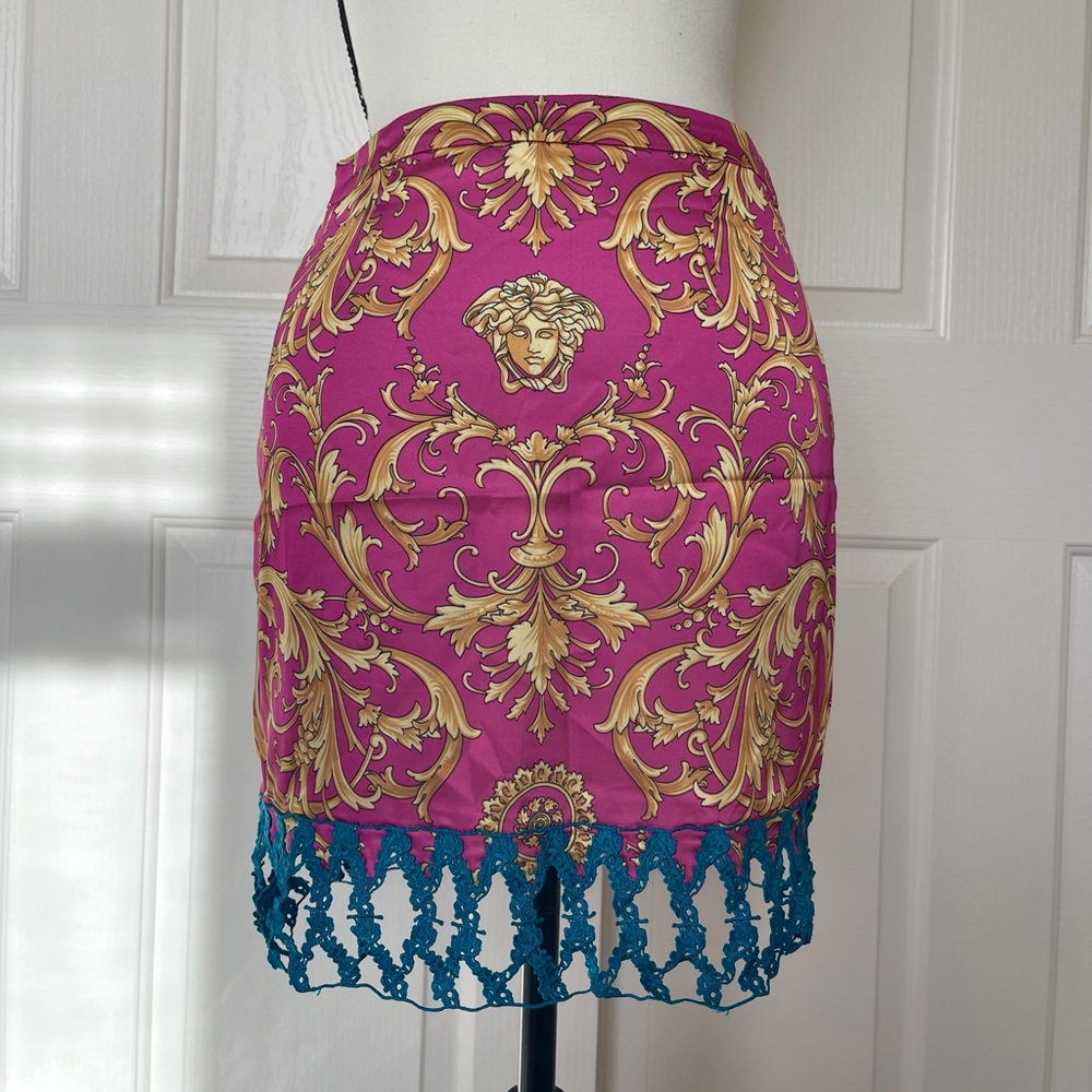 Versace Pink and Gold Baroque Mini Skirt with Blue Fringe - Picture 3 of 9